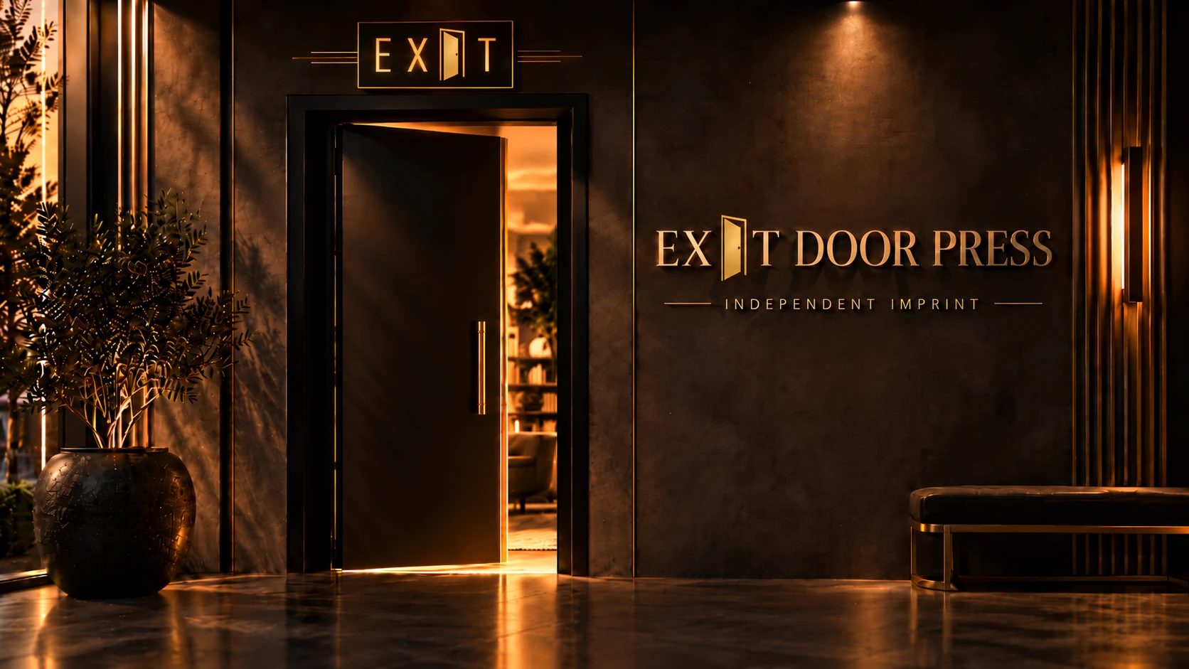 Exit Door Press entrance with warm amber lighting